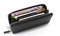 Black Mens Leather Zipper Long Wallet Phone Long Bifold Wallet for Men