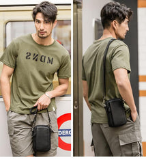 Black Mini Leather Mens Side Bag Black Messenger Bags Postman Bag Courier Bag for Men - imessengerbags