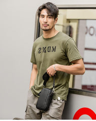 Black Mini Leather Mens Side Bag Black Messenger Bags Postman Bag Courier Bag for Men - imessengerbags