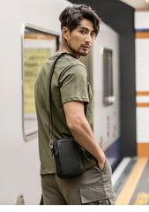 Black Mini Leather Mens Side Bag Black Messenger Bags Postman Bag Courier Bag for Men - imessengerbags