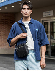 Black Mini Leather Mens Phone Bag Black Small Postman Bag Messenger Bags Side Bag for Men - imessengerbags
