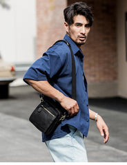 Black Mini Leather Mens Phone Bag Black Small Postman Bag Messenger Bags Side Bag for Men - imessengerbags