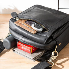 Black Mini Leather Mens Phone Bag Black Small Postman Bag Messenger Bags Side Bag for Men - imessengerbags