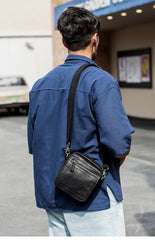 Black Mini Leather Mens Phone Bag Black Small Postman Bag Messenger Bags Side Bag for Men - imessengerbags