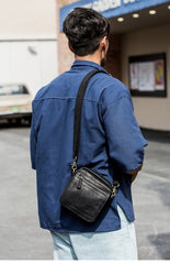 Black Mini Leather Mens Phone Bag Black Small Postman Bag Messenger Bags Side Bag for Men