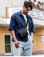 Black Mini Leather Mens Phone Bag Black Small Postman Bag Messenger Bags Side Bag for Men - imessengerbags