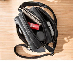 Black Mini Leather Mens Phone Bag Black Small Postman Bag Messenger Bags Side Bag for Men - imessengerbags