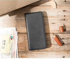 Fashion Black Leather Mens Bifold Long Wallet Thin Card Wallet Black Long Wallet for Men - imessengerbags