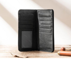Fashion Black Leather Mens Bifold Long Wallet Thin Card Wallet Black Long Wallet for Men - imessengerbags