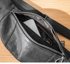 Fashion Black Leather Mens Chest Bag Sling Bag Black One Shoulder Backpack for Men