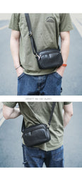 Black Leather Mens Small Courier Bag Messenger Bag Mini Postman Bag For Men - imessengerbags