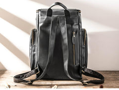 Black Mens Leather College Backpacks Travel Backpacks Black 15 inches Computer Backpack for men