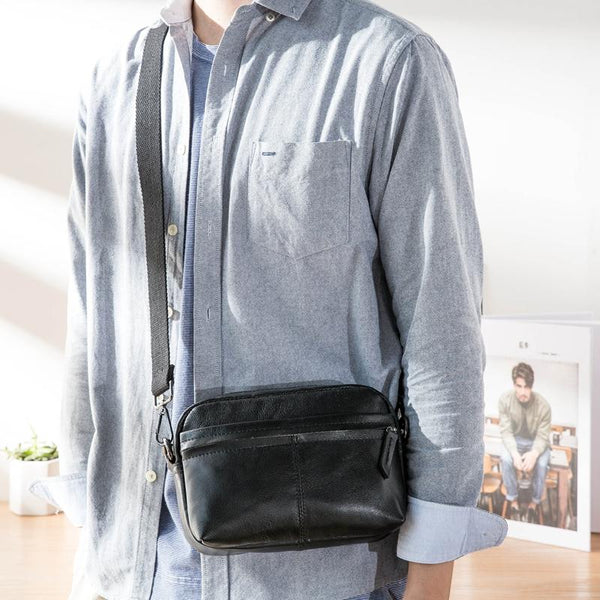 Fashion Black Small Leather Mens Side Bag Black Mini Courier Bag Messenger Bags POstman Bag for Men - imessengerbags