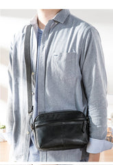 Fashion Black Small Leather Mens Side Bag Black Mini Courier Bag Messenger Bags POstman Bag for Men