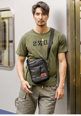 Black Small Leather Mens Vertical Side Bag Black Mini Postman Bag Messenger Bags Phone Bag for Men - imessengerbags