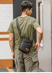 Black Small Leather Mens Vertical Side Bag Black Mini Postman Bag Messenger Bags Phone Bag for Men - imessengerbags