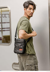 Black Small Leather Mens Vertical Side Bag Black Mini Postman Bag Messenger Bags Phone Bag for Men - imessengerbags