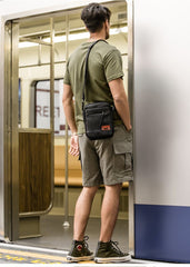 Black Small Leather Mens Vertical Side Bag Black Mini Postman Bag Messenger Bags Phone Bag for Men - imessengerbags