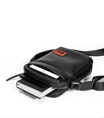 Black Small Leather Mens Vertical Side Bag Black Mini Postman Bag Messenger Bags Phone Bag for Men - imessengerbags