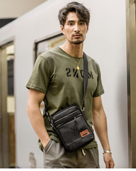 Black Small Leather Mens Vertical Side Bag Black Mini Postman Bag Messenger Bags Phone Bag for Men - imessengerbags