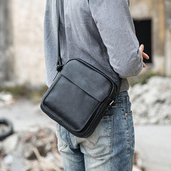 Black Small Leather Mens Shoulder Bags Messenger Bags for Men