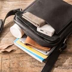 Black Small Leather Mens Shoulder Bags Messenger Bags for Men