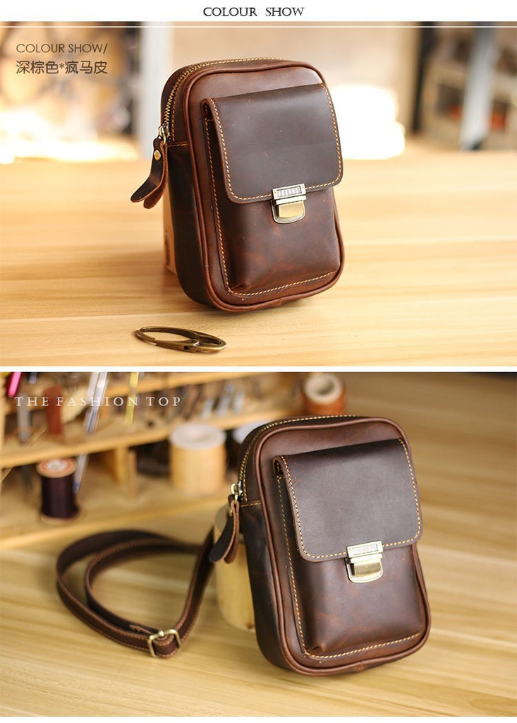 Vintage Brown Leather Mini Sling Bag Waist Belt Pouch For Men