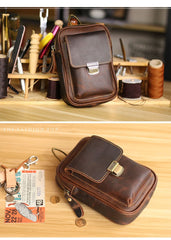 Black Vintage Leather Mens Mini Messenger Bag Waist Bag Dark Brown Belt Pouch Bag For Men - imessengerbags