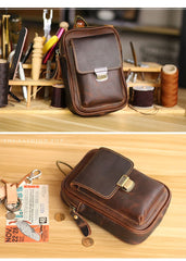 Black Vintage Leather Mens Mini Messenger Bag Waist Bag Dark Brown Belt Pouch Bag For Men