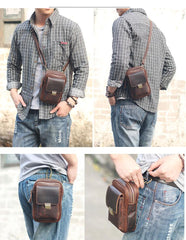 Black Vintage Leather Mens Mini Messenger Bag Waist Bag Dark Brown Belt Pouch Bag For Men - imessengerbags