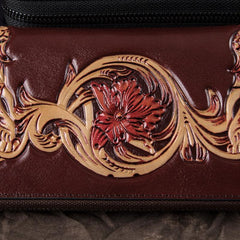 Black Tooled Leather Men's Bifold Long Zipper Wallet Clutch Bag Red For Women - imessengerbags