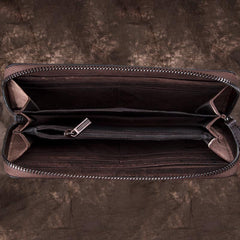 Black Tooled Leather Men's Bifold Long Zipper Wallet Clutch Bag Red For Women - imessengerbags