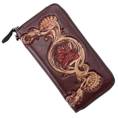 Black Tooled Leather Men's Bifold Long Zipper Wallet Clutch Bag Red For Women - imessengerbags