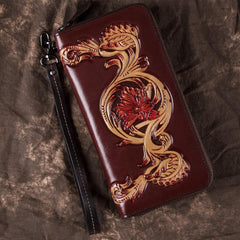 Black Tooled Leather Men's Bifold Long Zipper Wallet Clutch Bag Red For Women - imessengerbags