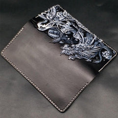 Black Handmade Tooled Indian Chief Skull Leather Mens Long Wallet Bifold Long Wallet For Men - imessengerbags