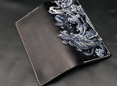 Black Handmade Tooled Indian Chief Skull Leather Mens Long Wallet Bifold Long Wallet For Men - imessengerbags