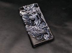 Black Handmade Tooled Indian Chief Skull Leather Mens Long Wallet Bifold Long Wallet For Men - imessengerbags