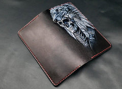 Black Handmade Tooled Indian Chief Skull Leather Mens Long Wallet Bifold Long Wallet For Men - imessengerbags