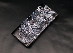 Black Handmade Tooled Indian Chief Skull Leather Mens Long Wallet Bifold Long Wallet For Men - imessengerbags