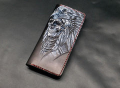 Black Handmade Tooled Indian Chief Skull Leather Mens Long Wallet Bifold Long Wallet For Men - imessengerbags