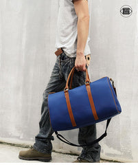 Blue Nylon Leather Mens Travel Bag Weekender Bag Sports Shoulder Bag Large Travel Bag for Men