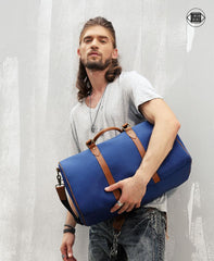 Blue Nylon Leather Mens Travel Bag Weekender Bag Sports Shoulder Bag Large Travel Bag for Men