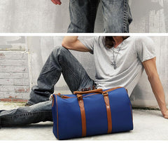 Blue Nylon Leather Mens Travel Bag Weekender Bag Sports Shoulder Bag Large Travel Bag for Men - imessengerbags