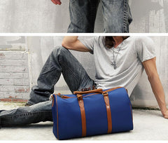 Blue Nylon Leather Mens Travel Bag Weekender Bag Sports Shoulder Bag Large Travel Bag for Men