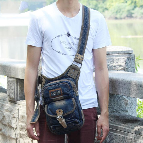 Blue Denim Mens Casual Small Side Bag Vertical Messenger Bags Jean Courier Bag For Men - imessengerbags