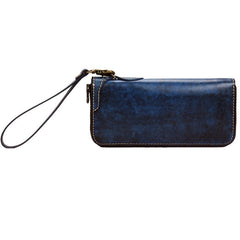 Blue Wristlet Leather Wallets Handmade Zipper Long Wallets For Men