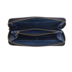 Blue Wristlet Leather Wallets Handmade Zipper Long Wallets For Men