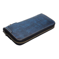 Blue Wristlet Leather Wallets Handmade Zipper Long Wallets For Men