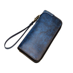 Blue Wristlet Leather Wallets Handmade Zipper Long Wallets For Men