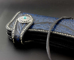 Tooled Handmade Blue Leather Men's Chain Wallet Motorcycle Wallet Long Wallet with Chain For Men - imessengerbags
